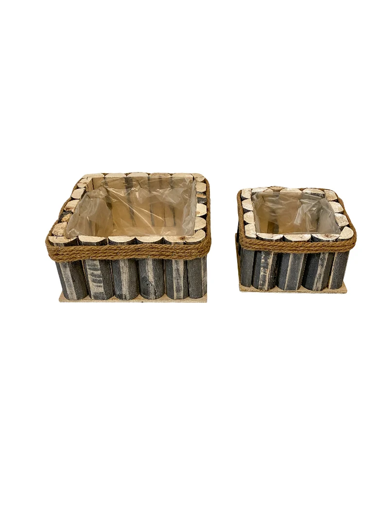 Set/2 houten planter Wall vierkant grijs met touw 22x22x10cm/16x16x9cm