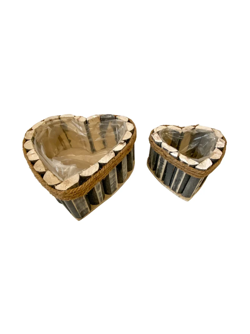 Set/2 houten planter Wall hartvorm grijs met touw 24x24x10cm/16x16x9cm