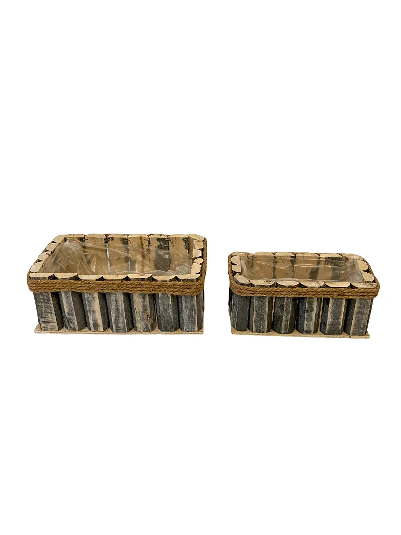 Set/2 houten planter Wall rechthoek grijs met touw 28x18x10cm/23x13x9cm