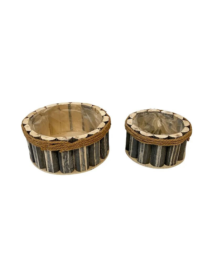 Set/2 houten planter Wall rond grijs met touw D23/18 H10/9cm