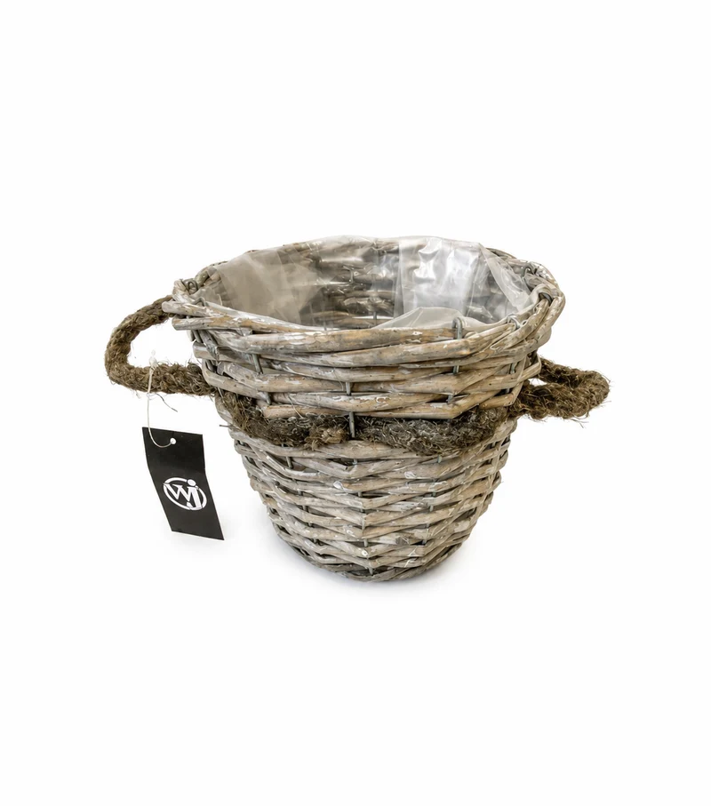 Rieten mand met jute touw grijs D18 H14cm