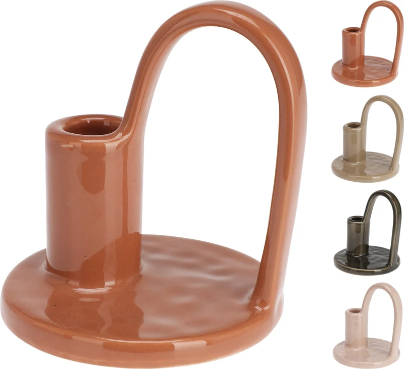 KANDELAAR KERAMIEK MET HANDVAT D10,5 H12CM 4 ASSORTIE KLEUR ''AARDE''