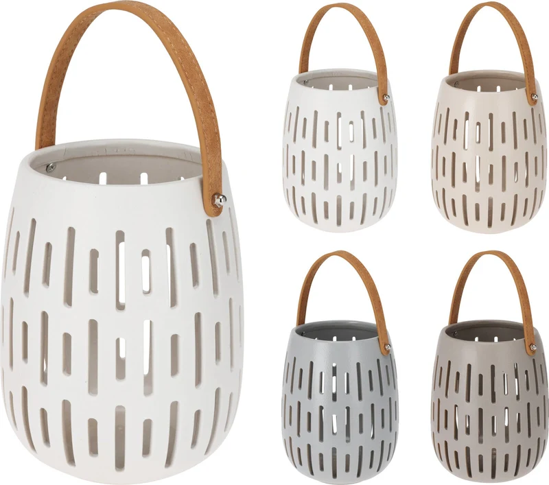 LANTAARN KERAMIEK MET HANDVAT D15,5 H20CM 4 ASSORTIE KLEUR ''GRIJS''