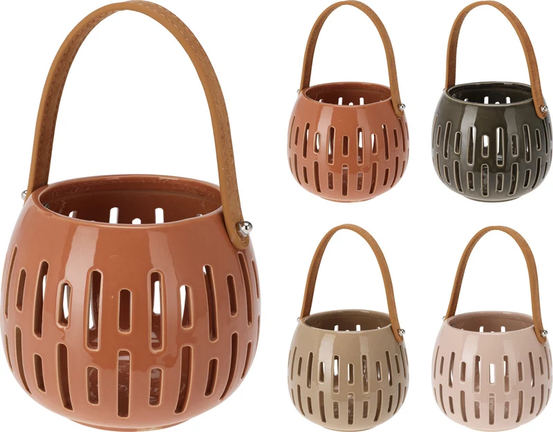 LANTAARN KERAMIEK MET HANDVAT D14,5 H12CM 4 ASSORTIE KLEUR ''AARDE''
