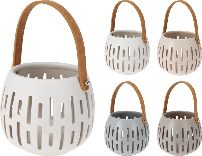 LANTAARN KERAMIEK MET HANDVAT D14,5 H12CM 4 ASSORTIE KLEUR ''GRIJS''