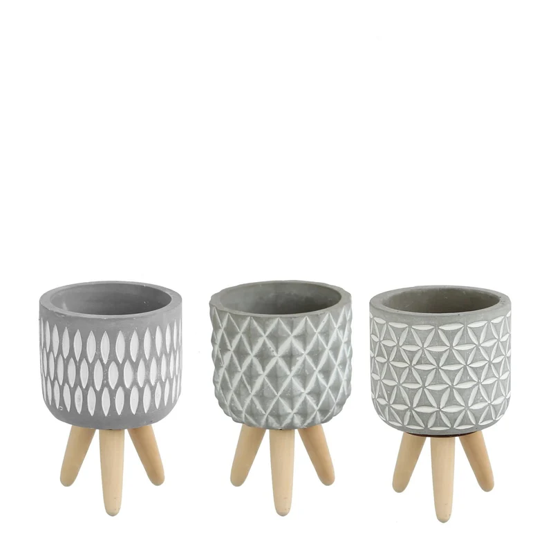 Cement pot met patroon en houten benen h.15,5 Ø10,5 cm