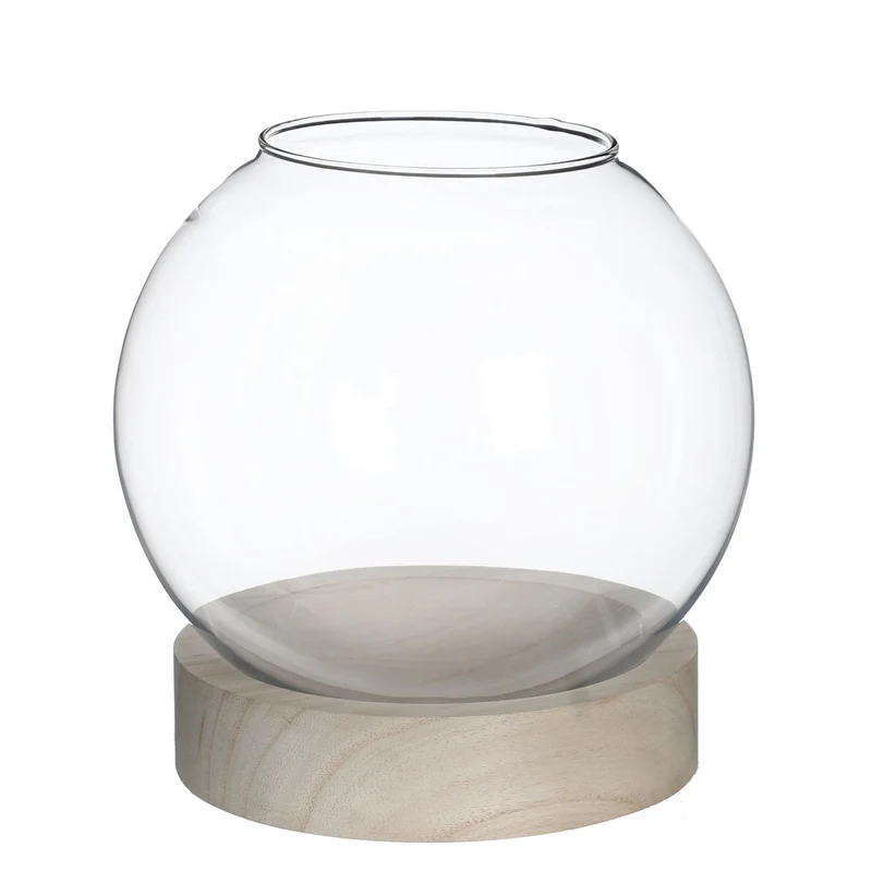 Glasvaas met houten basis Ø20 h.21cm