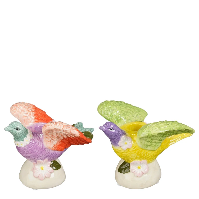 Kandelaar vogel roze groen 2 assorti - l15,5xb12,5xh11,5cm