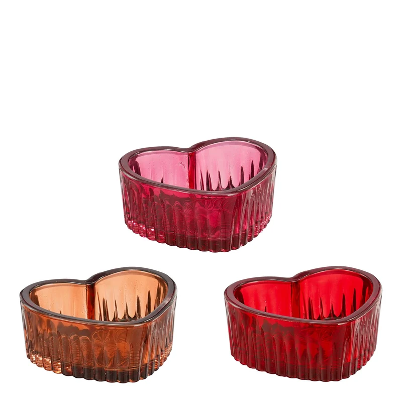 Theelicht houder hart roze rood oranje 3 assorti - l8,5xb7,5xh3,5cm