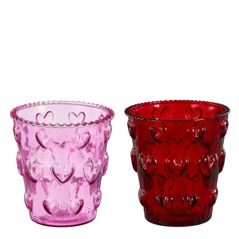 Theelicht houder hart glas roze rood 2 assorti - h10xd10cm