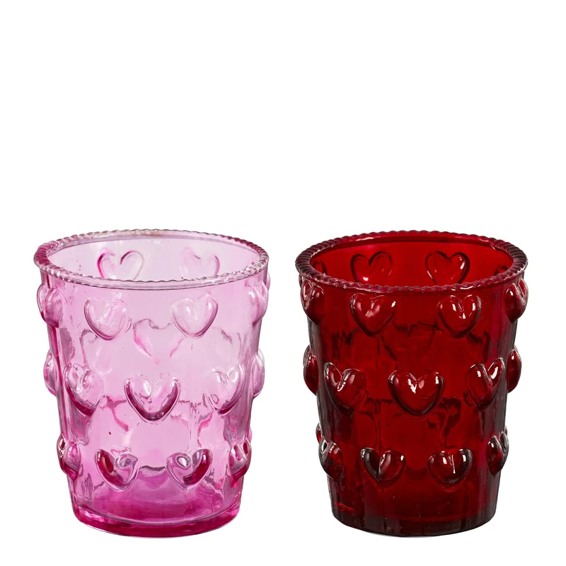 Theelicht houder hart glas roze rood 2 assorti - h8,5xd7cm