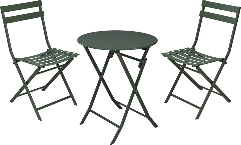 BISTROSET 2 STOELEN 50x42x81CM + 1 TAFEL D60 H71CM MAT GROEN METAAL
