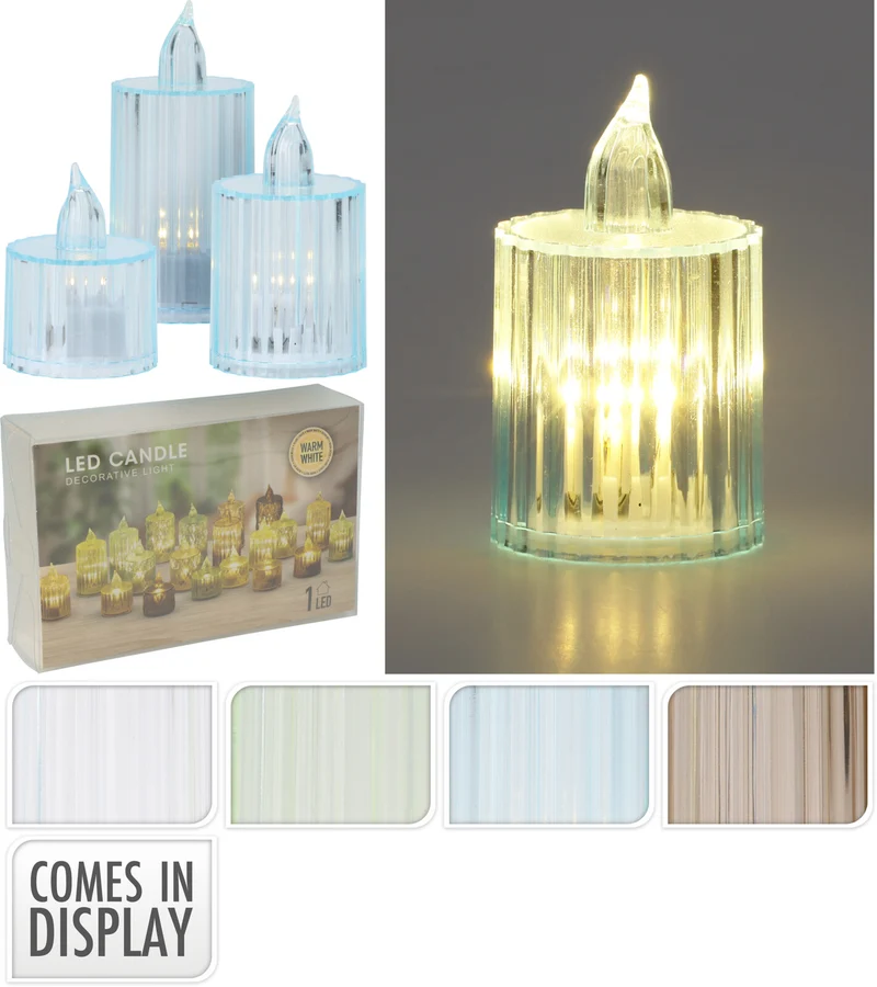 SET/3 KAARSJE MET LED STREEP DESIGN D3,8 H5/6,5/8CM 4 ASSORTIE KLEUR INCL 3xLR1130 BATTERIJEN