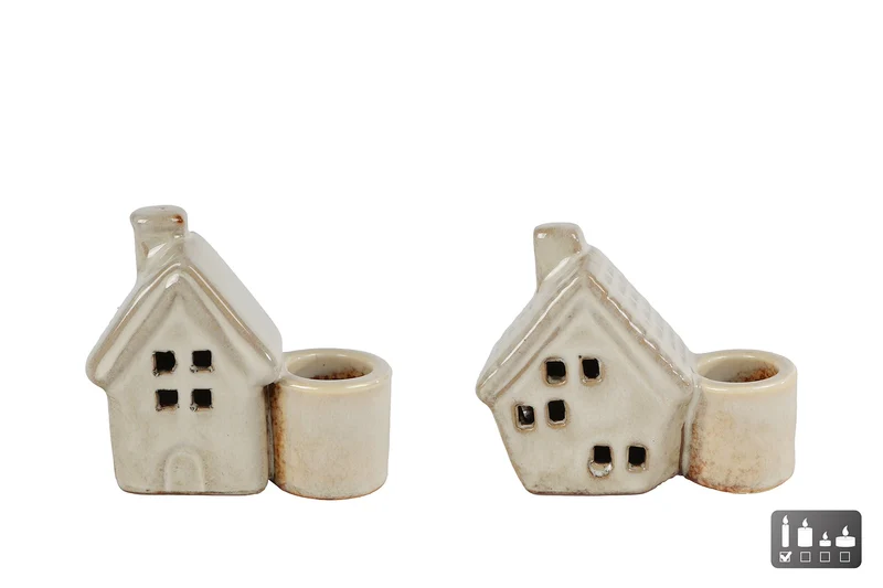 Kandelaar "Huisje" beige 2 assortie aardewerk 8x3x7/7x3x7cm