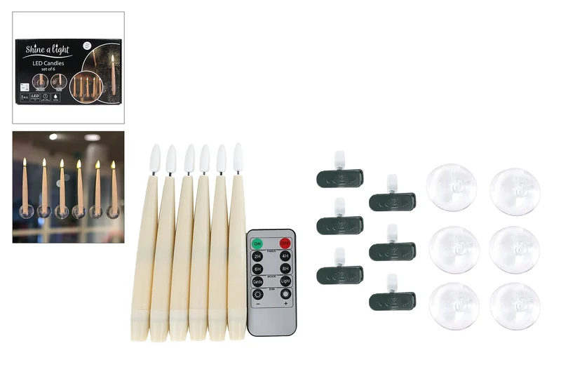 Kaars LED Set/6 met clip/zuignap/RC ivoor 27x17x5cm