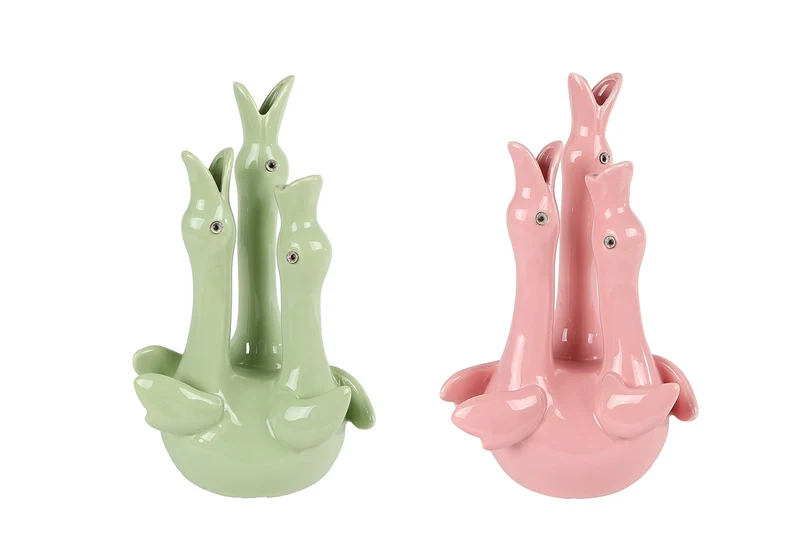 Vaas "Three Swan" roze/groen 2 assortie aardewerk 15,5x13x27,5cm