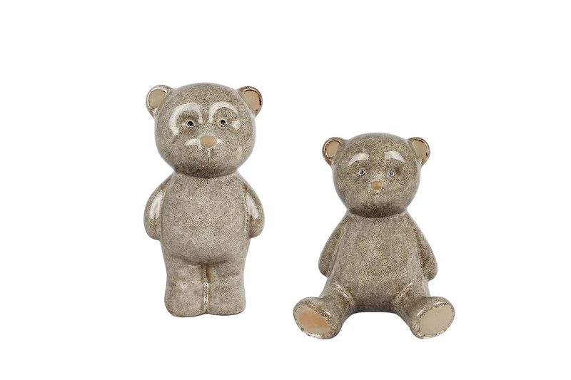 Sculptuur "Teddybeer" beige 2 assortie aardewerk 7,5x6,5x14/10x8,5x11cm