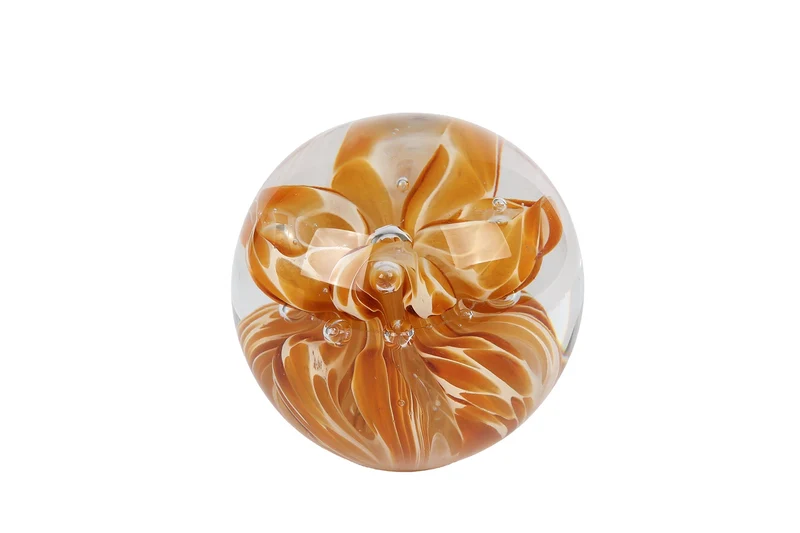 Sculptuur "Ball" met bloem amber glas 8x8x8cm