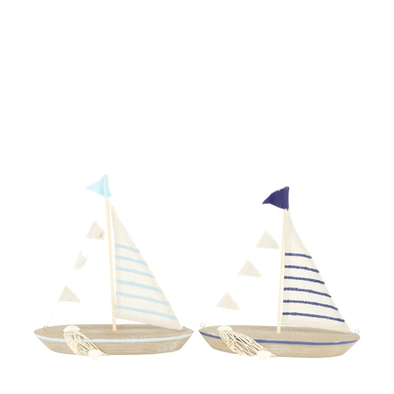 Boat pine wood with fabric 23x5x23cm 2 assorti Natural/Blue
