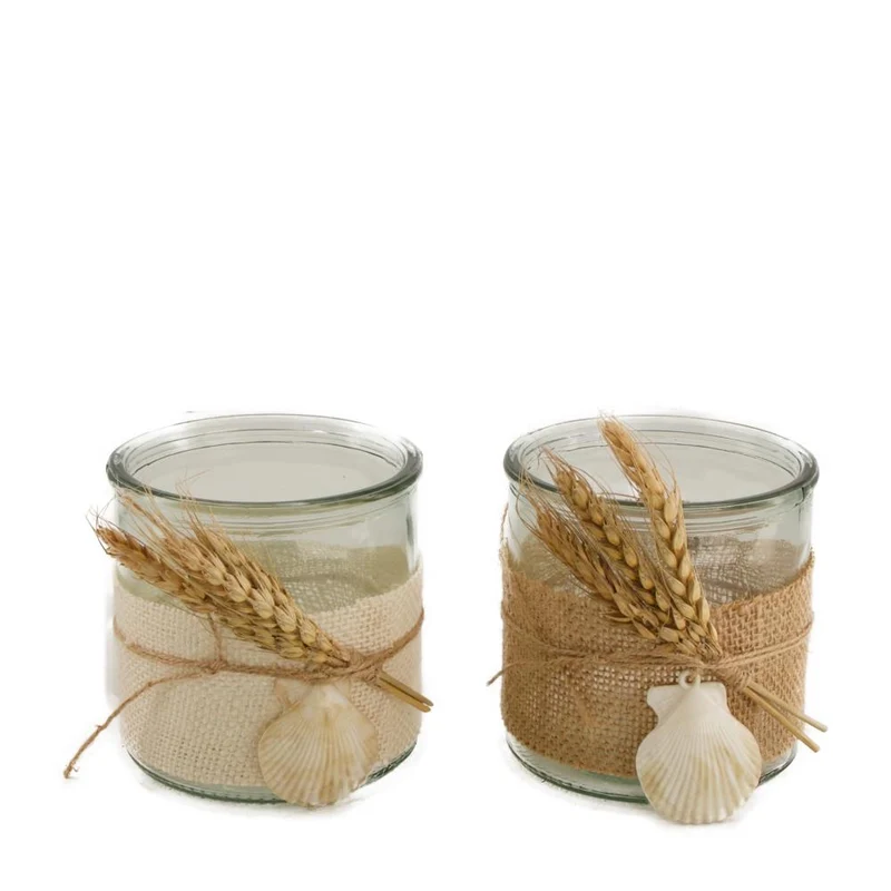 Tealight holder jute glass with shells Ø10x10cm Mixed