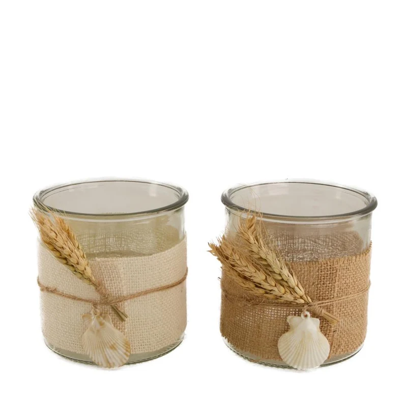 Tealight holder jute glass with shells Ø12x12cm Mixed