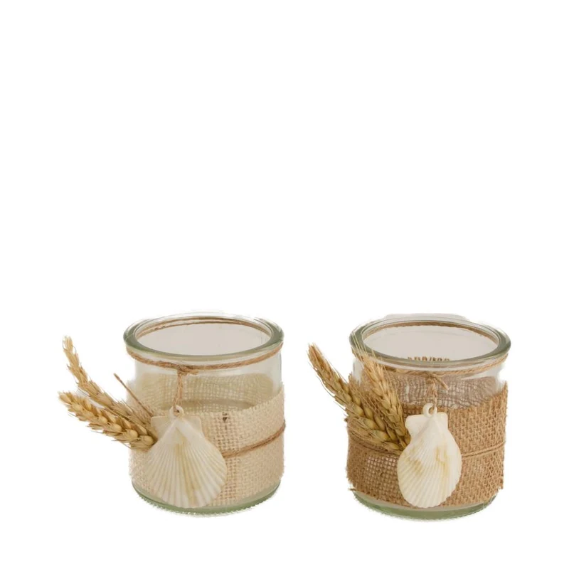 Tealight holder jute glass with shells Ø8x8cm Mixed