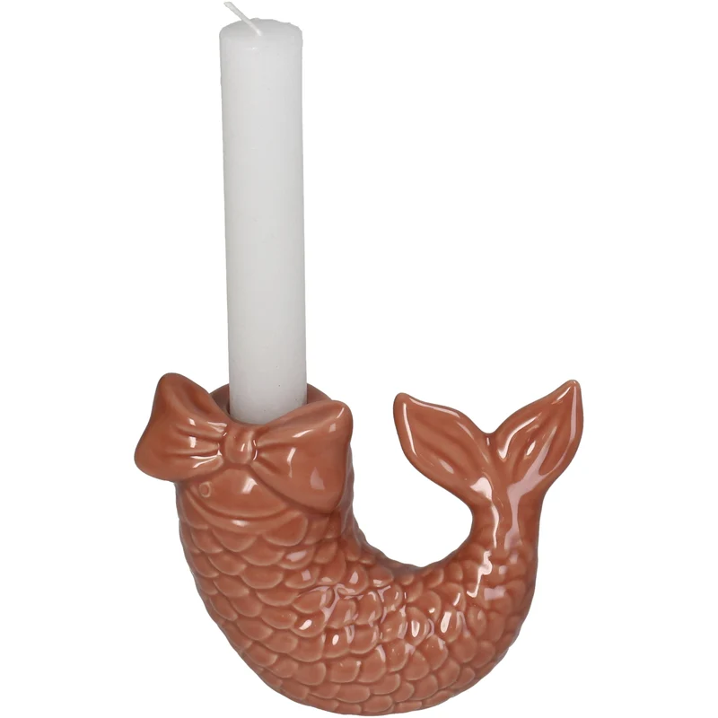 Candle Stick Fish Stoneware Brown 12.5x5.5x9.7cm