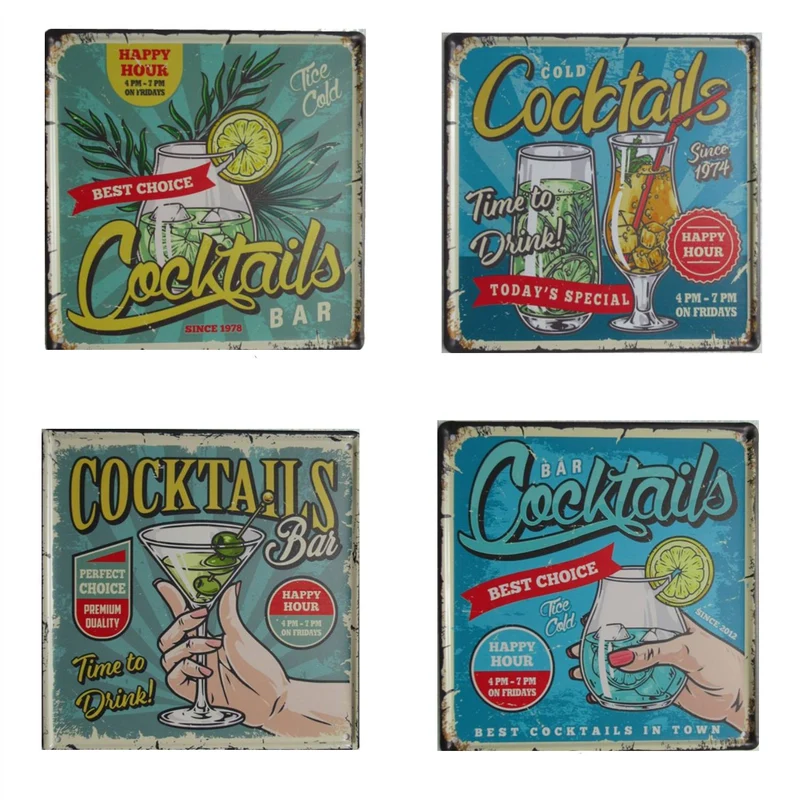 Wall Hanger Tin 20x20cm Cocktails Mix/4