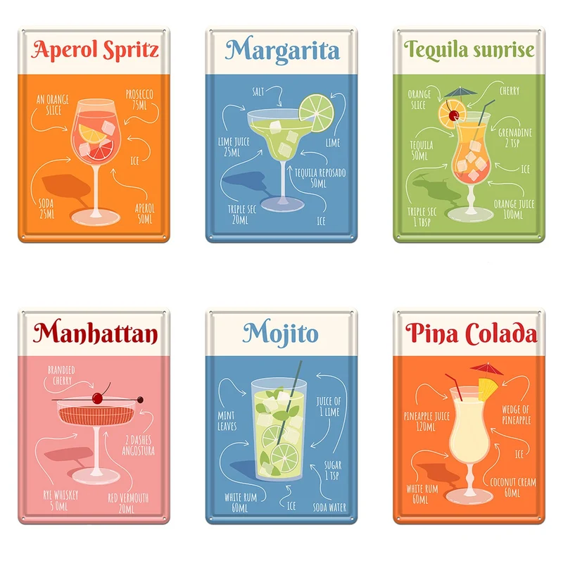 Wall Hanger Tin 20x14cm Cocktails Mix/6