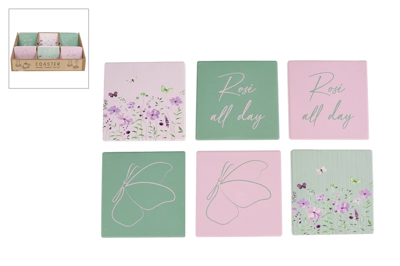 Onderzetter "Floral" met tekst roze/groen 6 assortie aardewerk 10x10x0,5cm