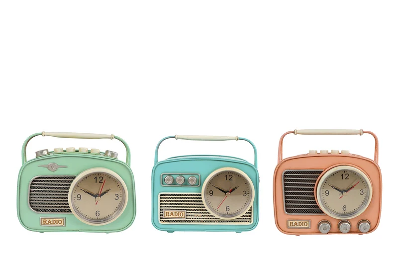 Klok "Radio" groen/blauw/roze 3 assortie metaal 18,5x7,5x17cm