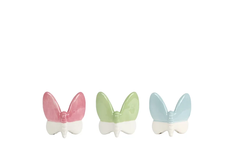 Sculptuur "Butterfly" S blauw/roze/groen 3 assortie aardewerk 10x5x11cm