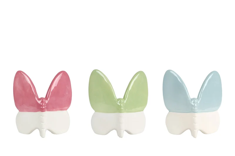 Sculptuur "Butterfly" L blauw/roze/groen 3 assortie aardewerk 14x7x15cm