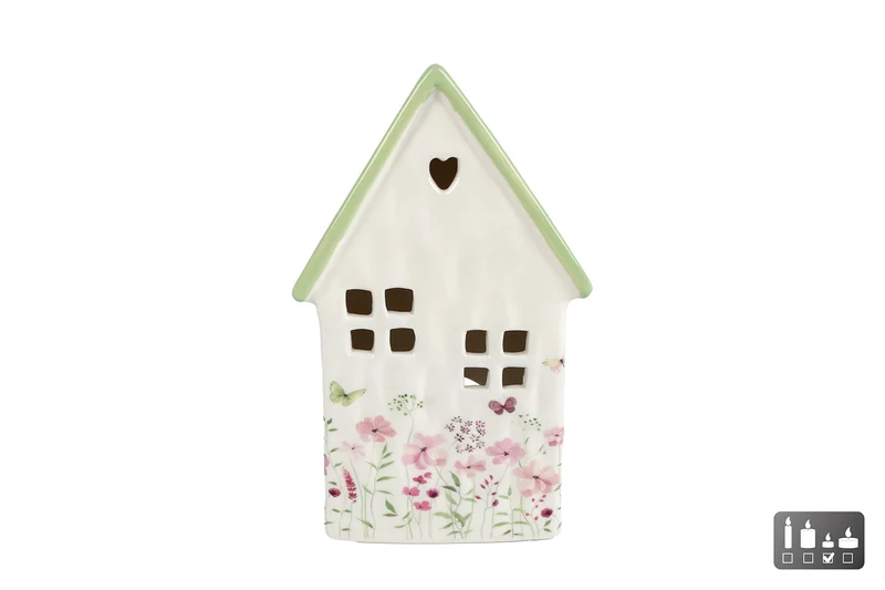 Theelichthouder "House Floral" L groen aardewerk 13x10x22cm