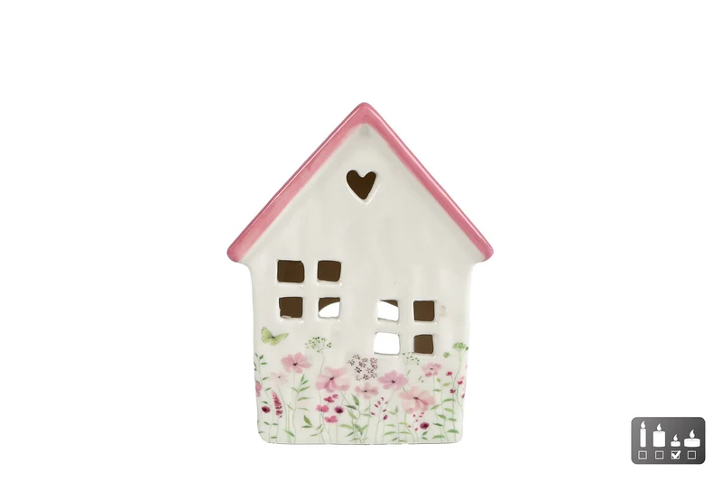 Theelichthouder "House Floral" S roze aardewerk 11x7x16cm