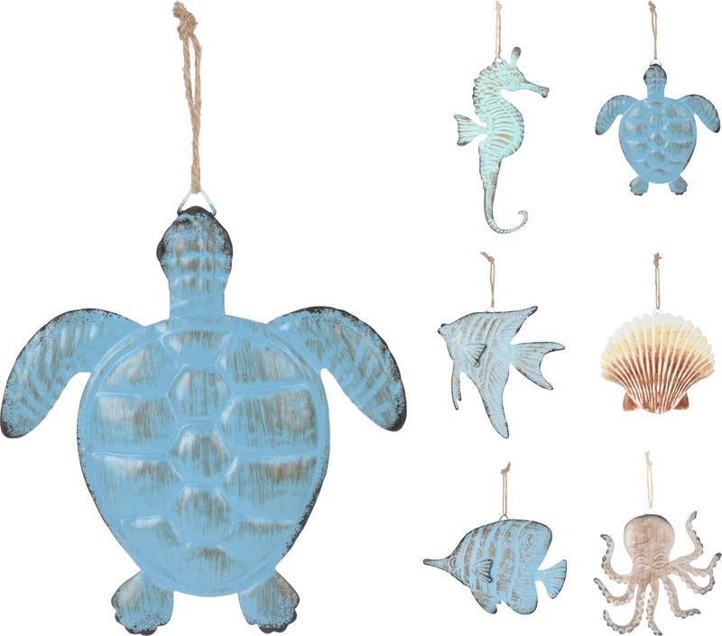 MUURDECORATIE ZEE LEVEN METAAL 6ASSORITE KLEUR 14x14x1CM