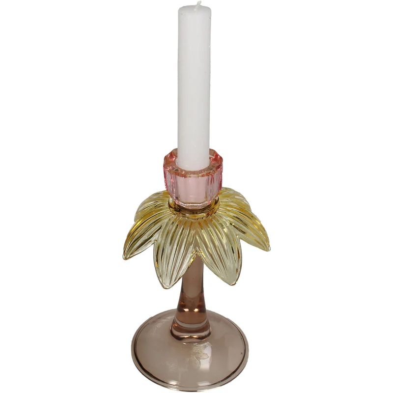 Candle Stick Flower Palm Glass Multi 11x11x18cm