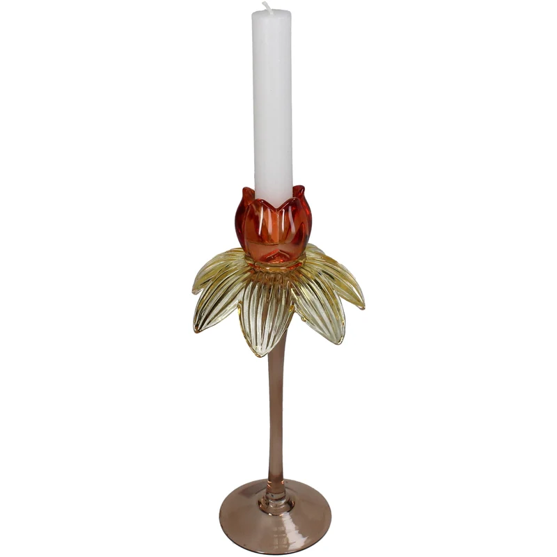 Candlestick flower glass multi 11x11x25cm