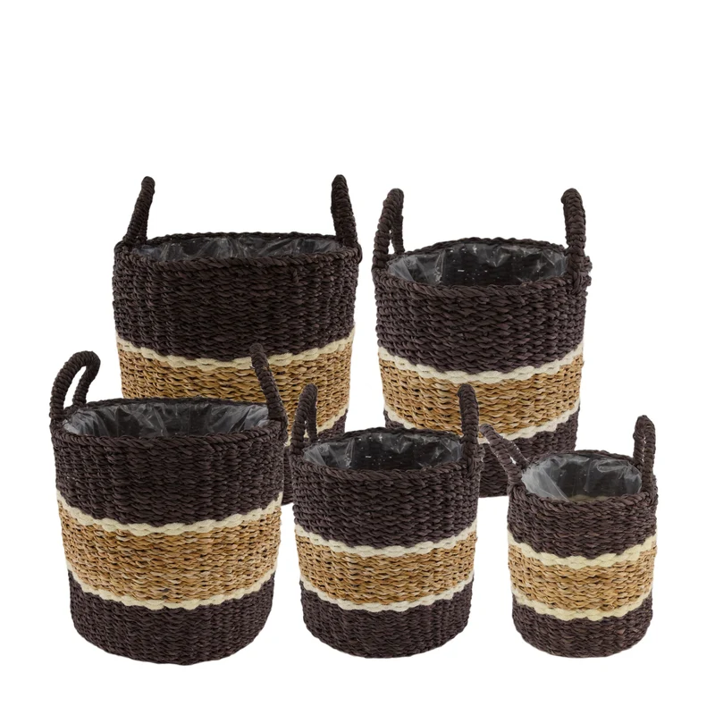 Set/5 Basket round seagrass with plastic 38x38x36cm Black/White