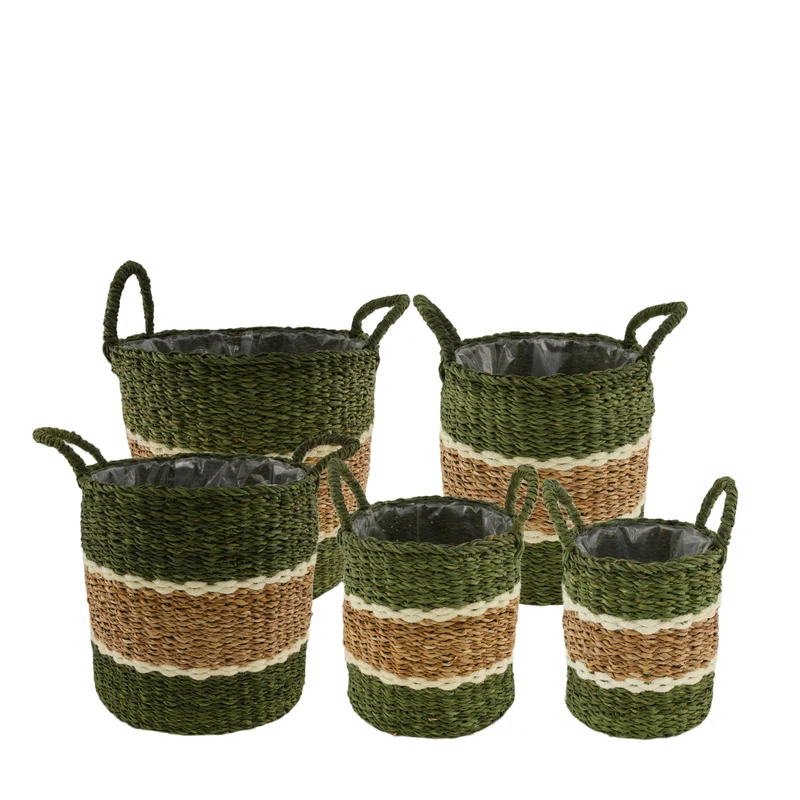Set/5 Basket round seagrass with plastic 38x38x36cm Green/White