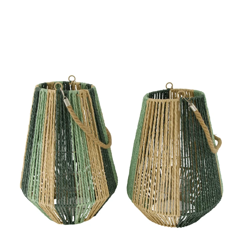 Lantern paper rope with glass 28x28x38cm 2 mixed Green/Natural