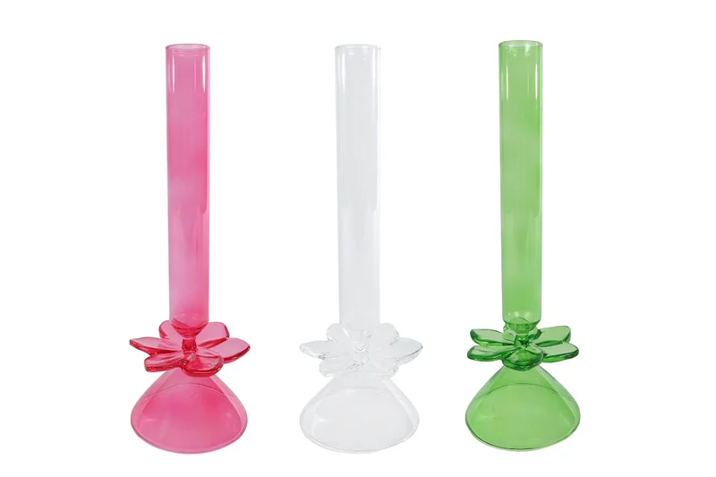 Vaas "One-Flower" helder/groen/fuchsia 3 assortie glas 8x8x24cm