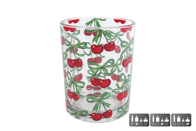 Theelichth "Cherries" M rood/groen glas 10x10x12,5cm