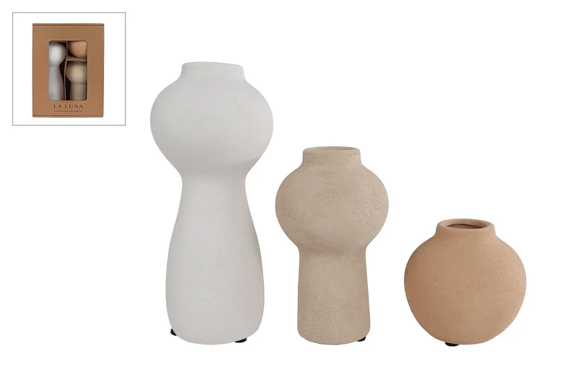 Vaas "Izzy" Set/3 stuks wit/beige/bruin aardewerk 29x11,5x23,5cm