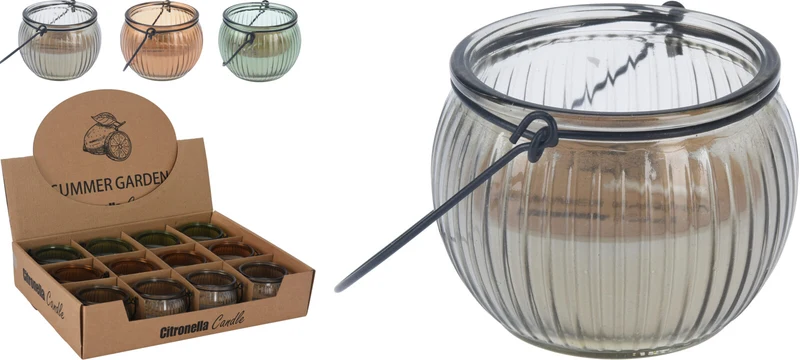 CITRONELLA KAARS IN GLAS MET HENGSEL D7,6 H6CM 3 ASSORTIE
