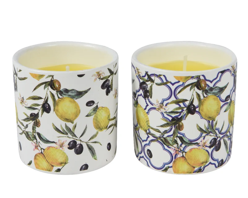 Citronella kaars in pot citroenen 2 assorti blauw/geel H7 D7