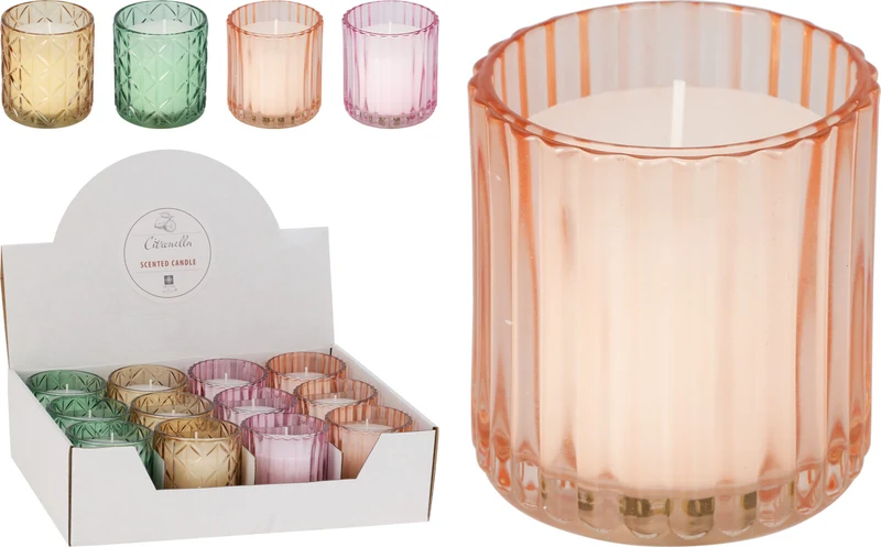 KAARS CITRONELLA IN RIBBELGLAS 4 ASSORTIE D8,5 H10CM