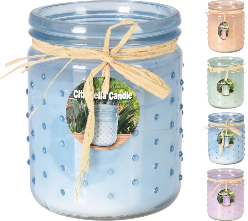 CITRONELLA KAARS IN GLAZEN POT D12,5 H10,5CM 4 ASSORTIE