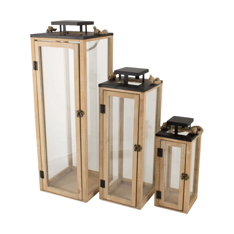 Set/3 Lantern fir wood with metal with glass 23.5x23.5x70cm Natural