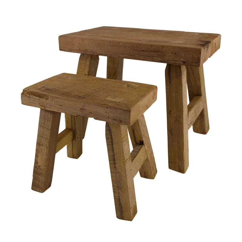 Set/2 Stool rectangular reclaimed wood 35x25x30cm Brown